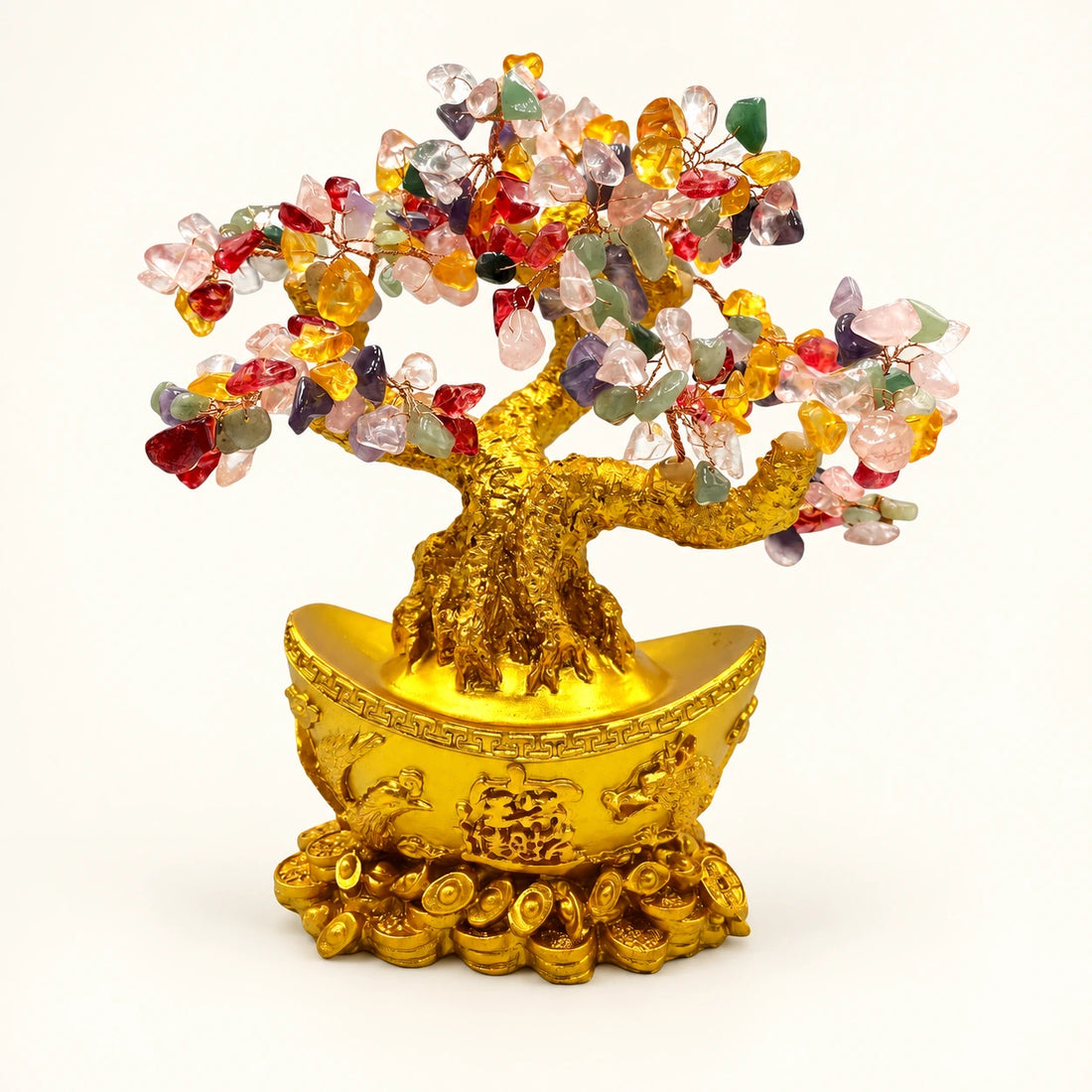 Multi Crystal Tree 11 inch Fortune Fusion on a soft ivory background; view 1.
