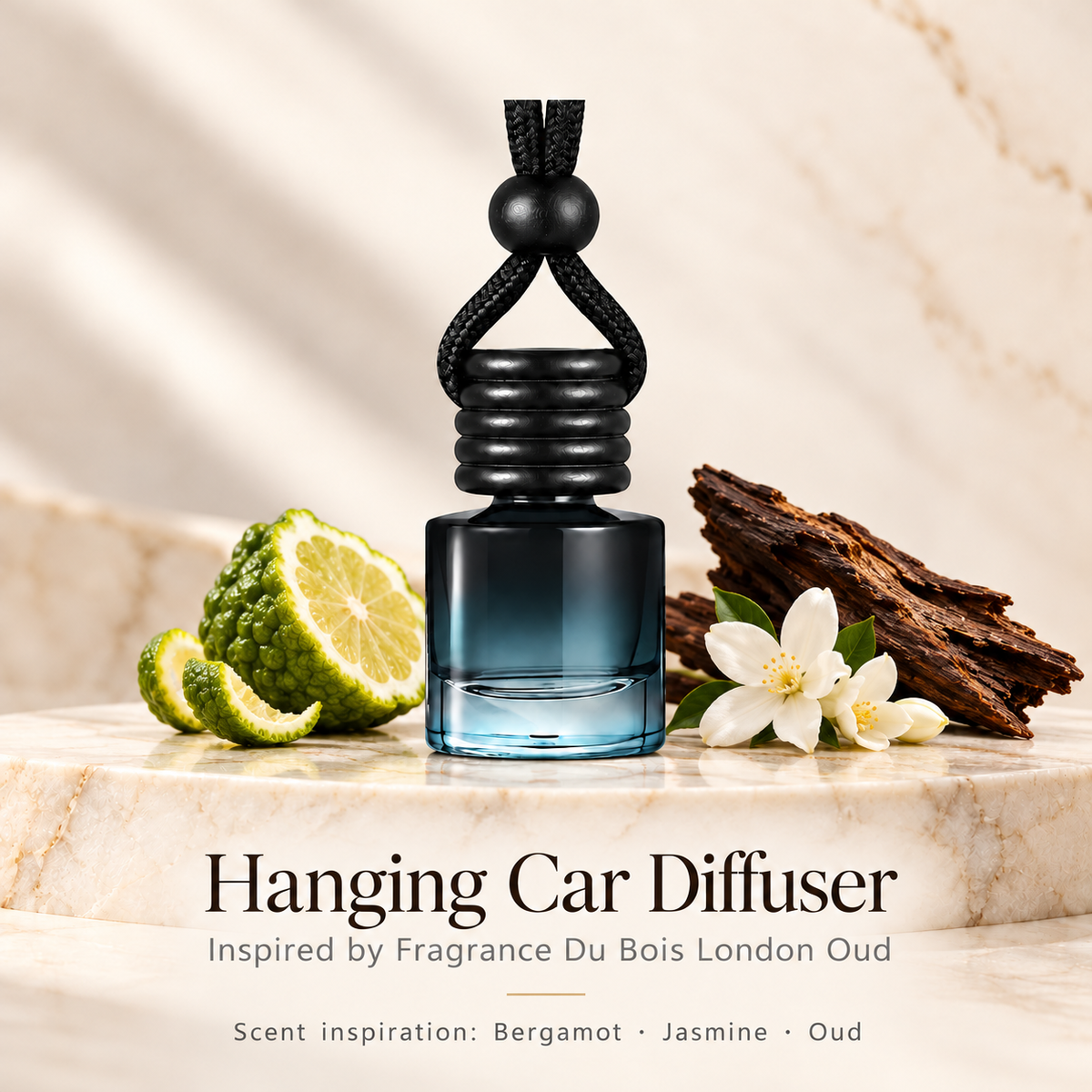 Hanging car diffuser inspired by Fragrance Du Bois London Oud, with scent illustrations on warm ivory stone