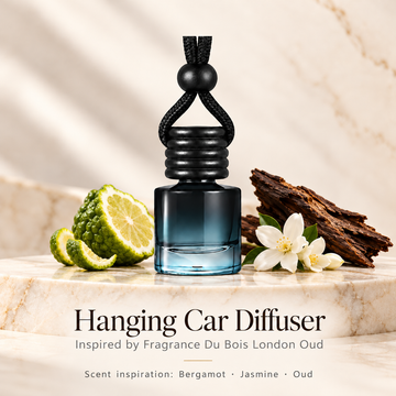 Hanging car diffuser inspired by Fragrance Du Bois London Oud, with scent illustrations on warm ivory stone