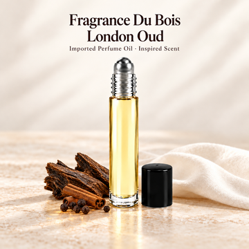 Fragrance Du Bois London Oud Perfume Oil with minimal fragrance note accents on soft ivory