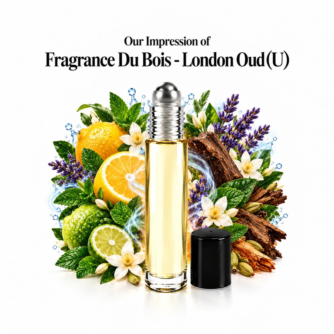 Our impression of Fragrance Du Bois - London Oud Perfume Oil centered roll-on and scent-note halo with generous white spacing.