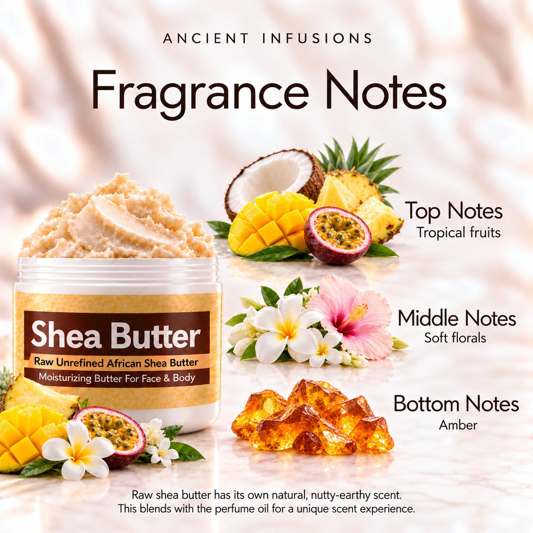 African Fantasy Shea Butter in an open white jar with textured ivory shea butter and subtle scent accents on a soft cream background.