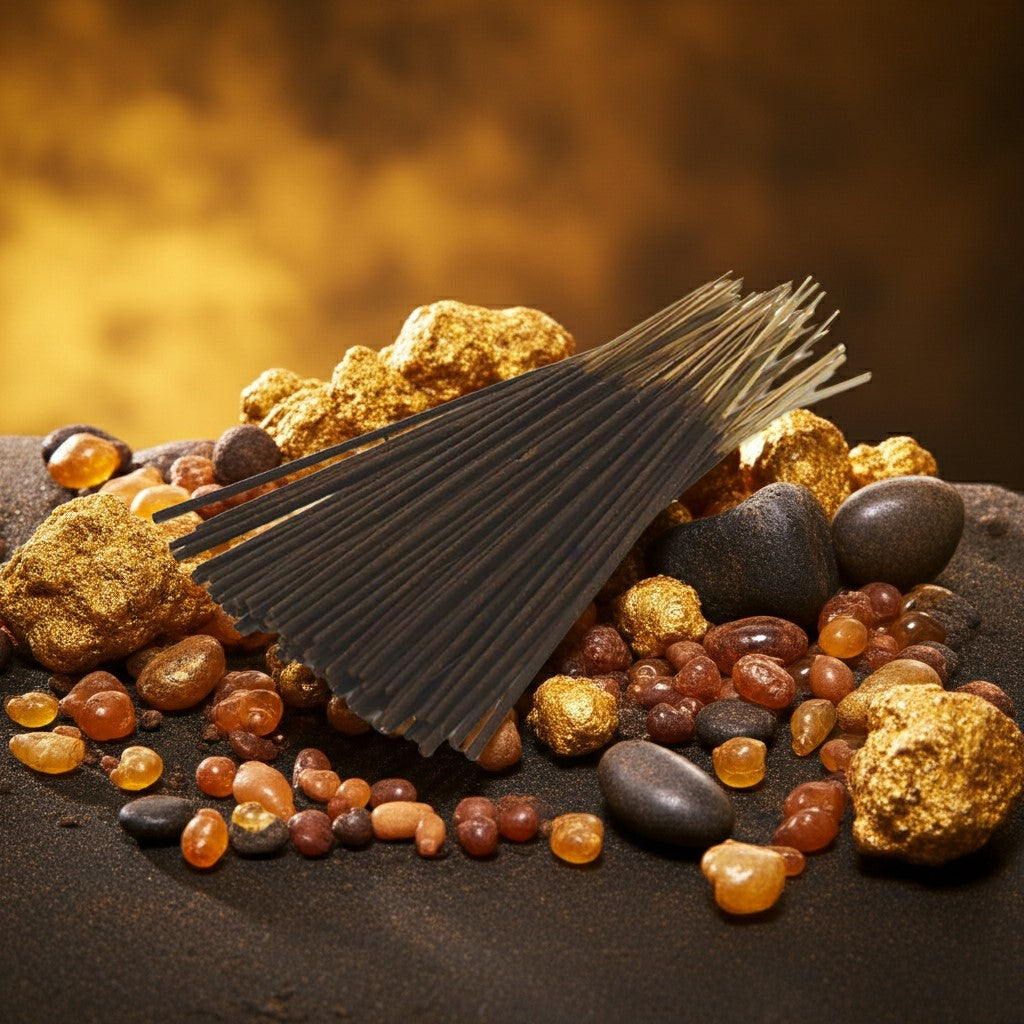 Frankincense & Myrrh Incense Sticks with a red label surrounded by various colored stones on a brown background