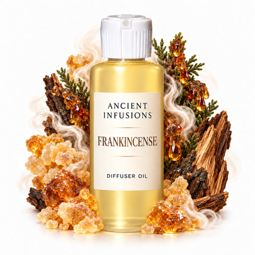 Frankincense Diffuser Oil by Ancient Infusions with golden oil, white cap and matching scent artwork