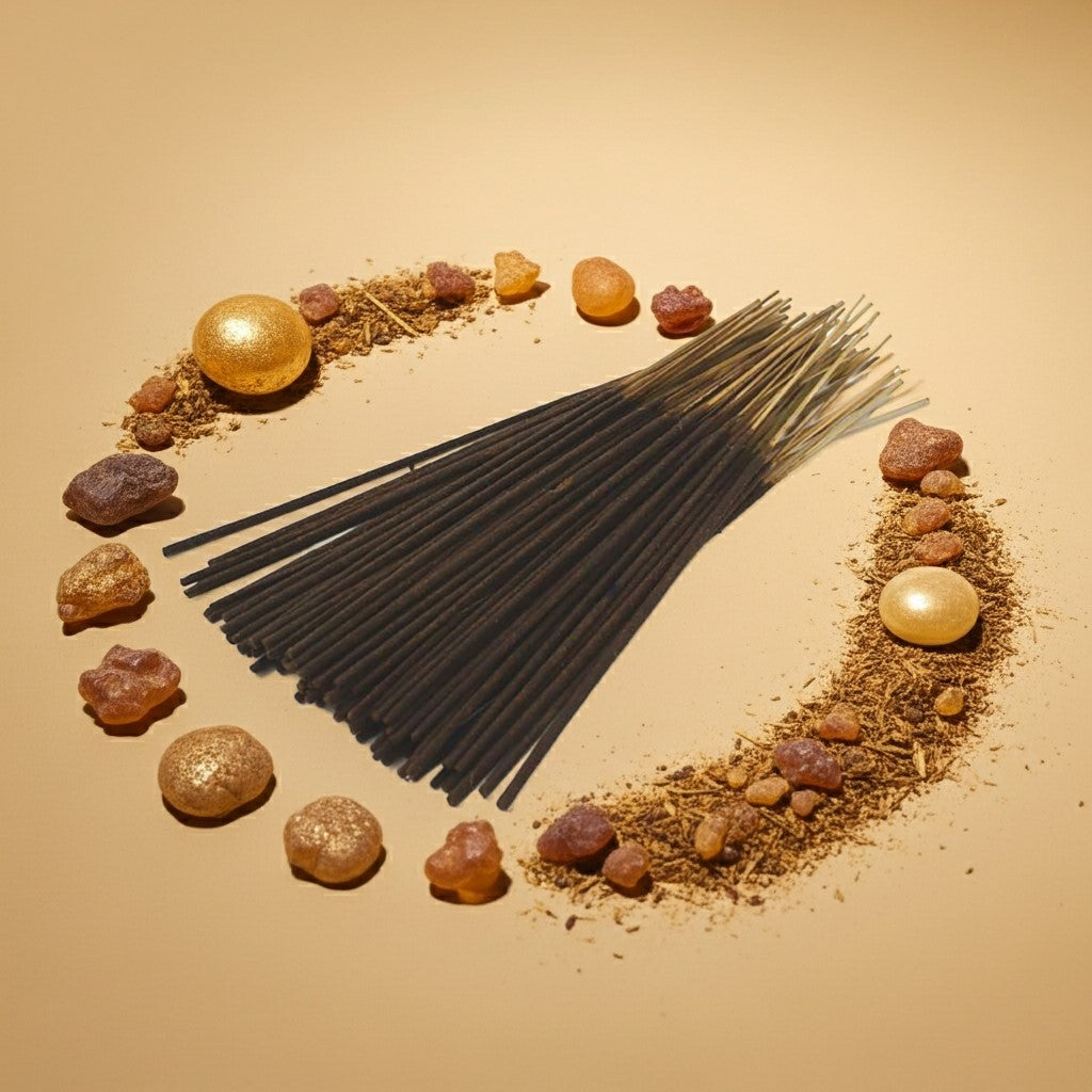 Frankincense Incense Sticks with stones and herbs arranged in a circular pattern on a beige background