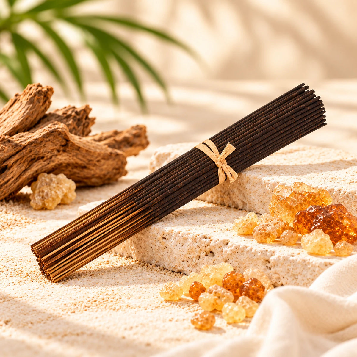 Frankincense Incense Sticks on cream stone.