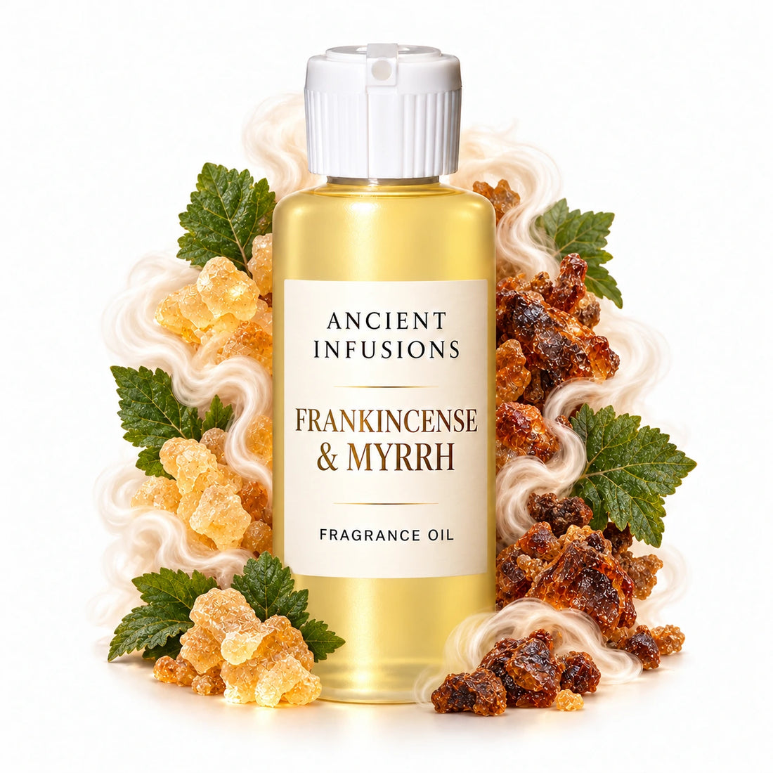 Frankincense & Myrrh fragrance oil by Ancient Infusions, with pale yellow oil and a tight halo representing frankincense resin, myrrh, patchouli.