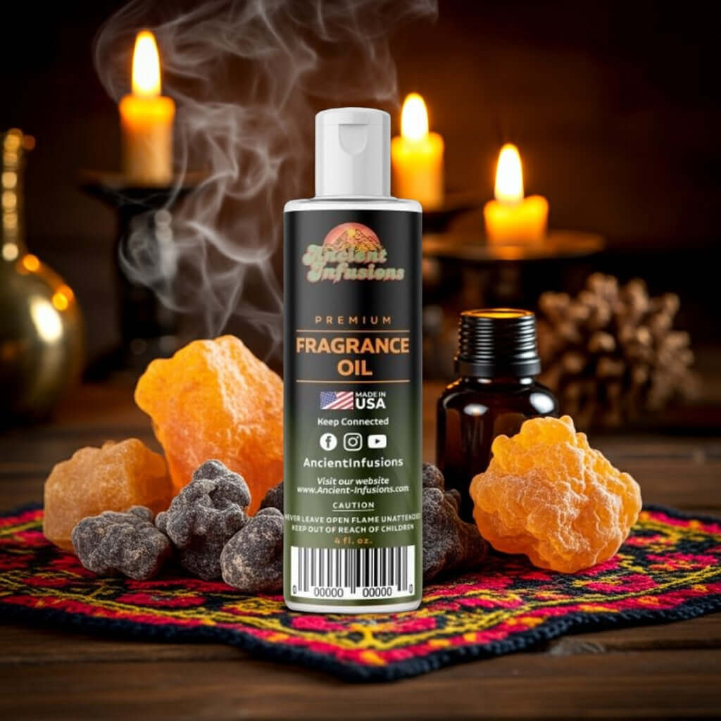 Frankincense & Myrrh Fragrance Oil bottle with resin pieces and lit candles, ideal for candles, soaps, and wellness products.