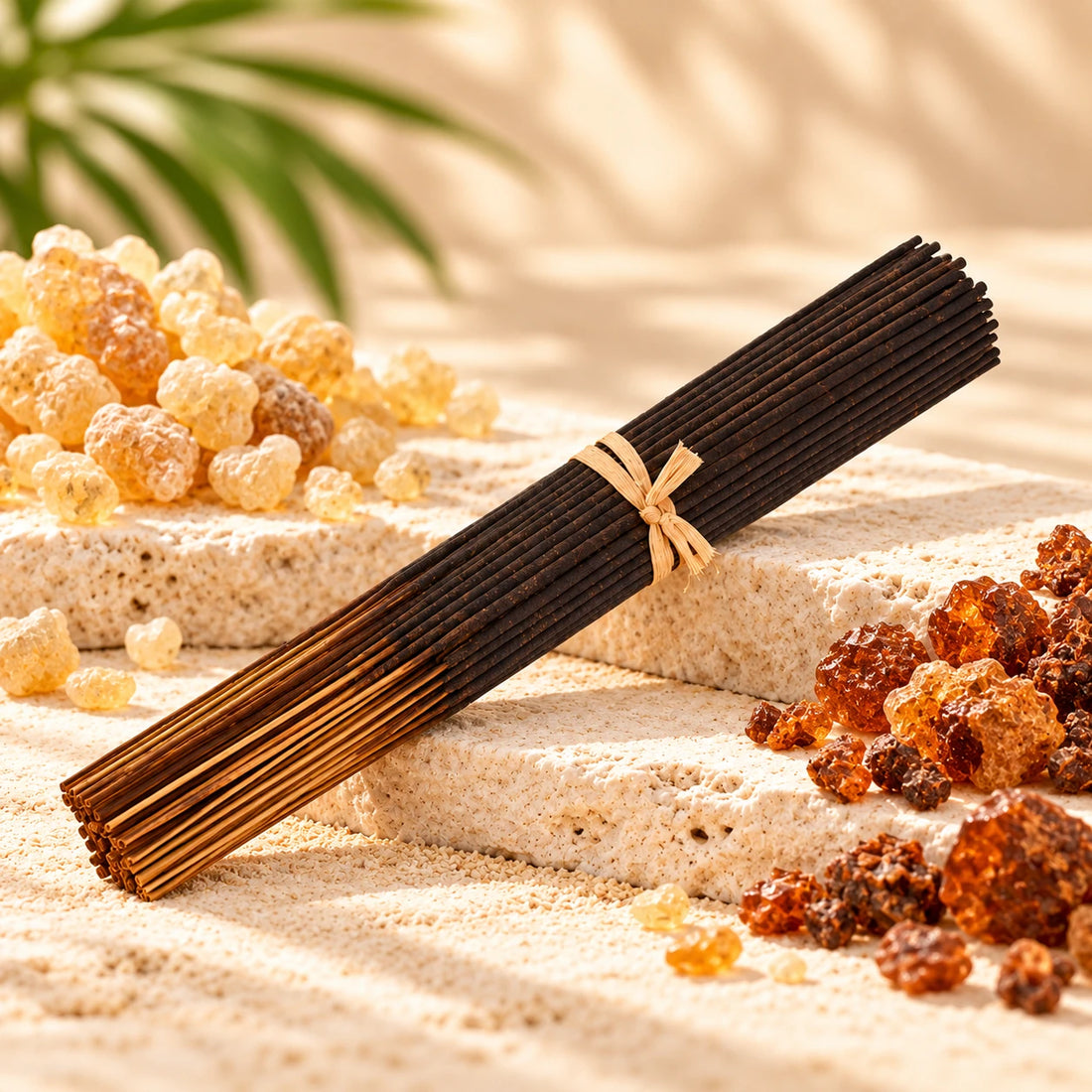 Frankincense & Myrrh Incense Sticks on cream stone.