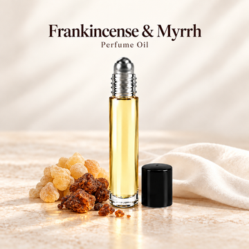 Frankincense & Myrrh Perfume Oil with simple scent note accents on soft ivory