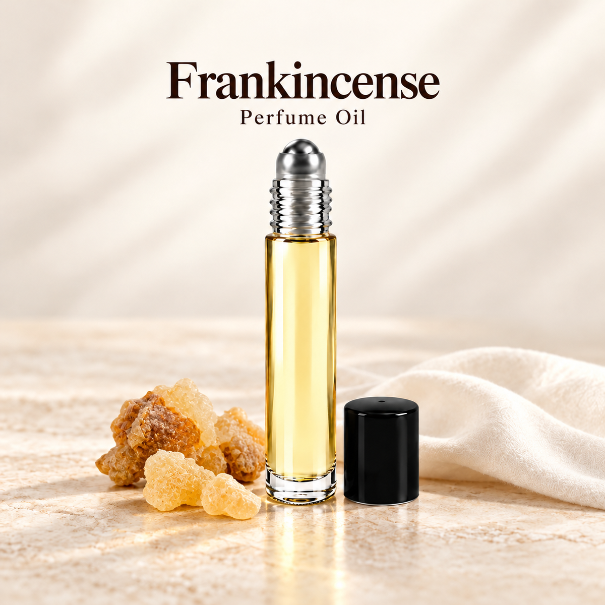 Frankincense Perfume Oil with simple scent note accents on soft ivory