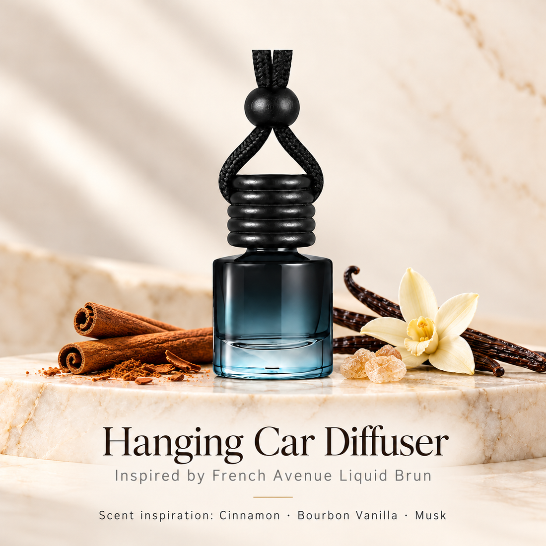Hanging car diffuser inspired by French Avenue Liquid Brun, with scent illustrations on warm ivory stone