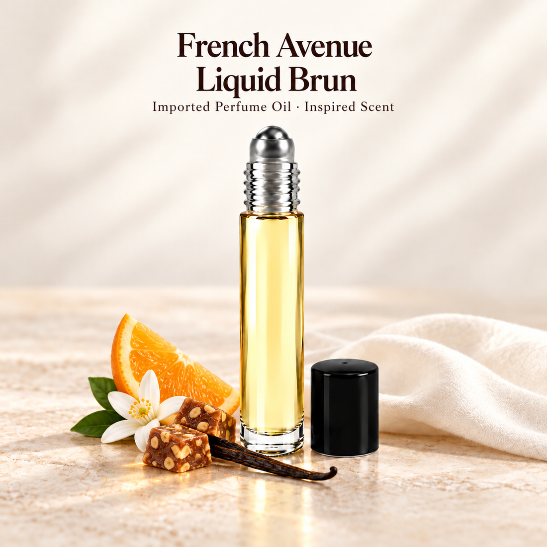 French Avenue Liquid Brun Perfume Oil with minimal fragrance note accents on soft ivory