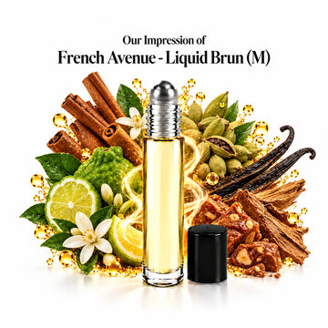 Our impression of French Avenue Liquid Brun perfume oil with fragrance notes on white