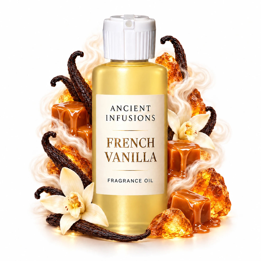 French Vanilla fragrance oil by Ancient Infusions, with pale yellow oil and a tight halo representing creamy vanilla bean, sweet caramel, warm amber.