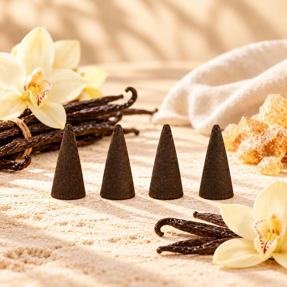 French Vanilla Incense Cones on cream stone.