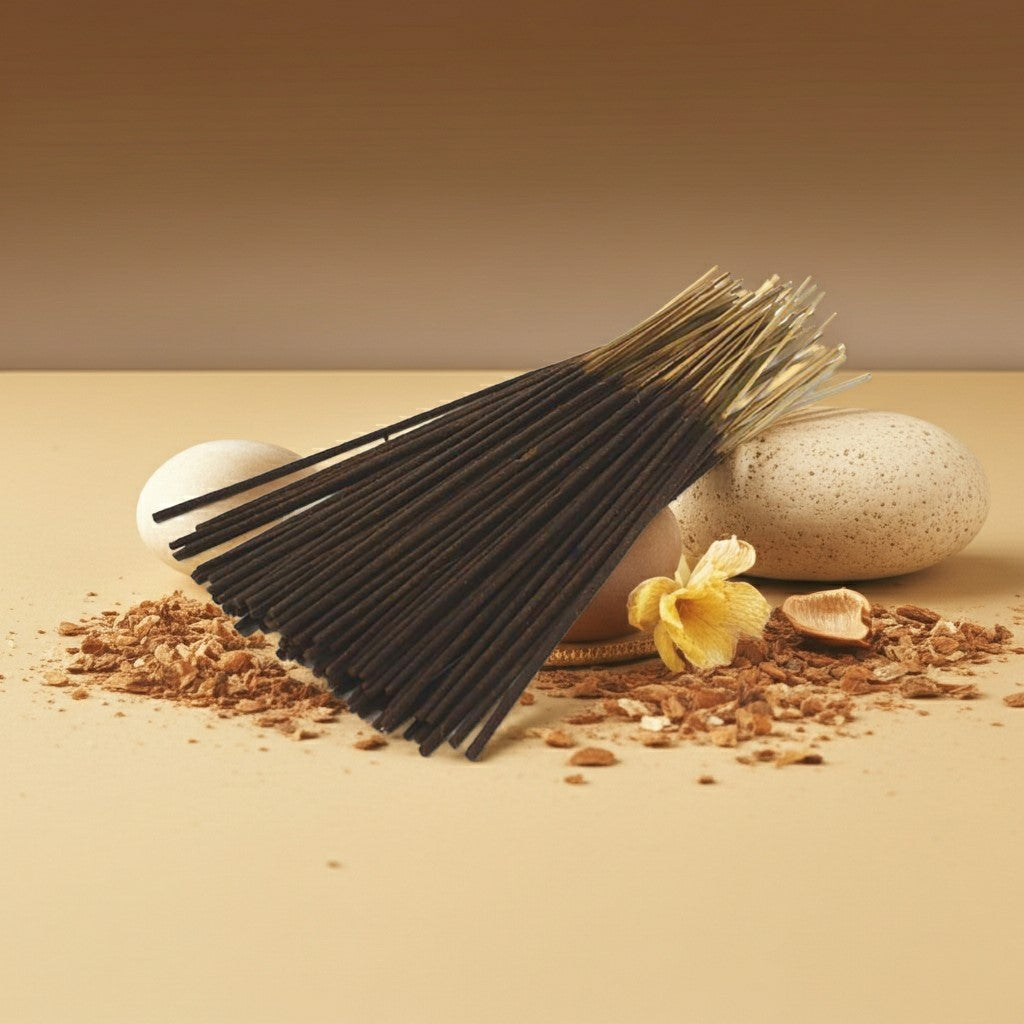 French Vanilla Incense Sticks with a pink ribbon on white stones surrounded by dried leaves on a beige background