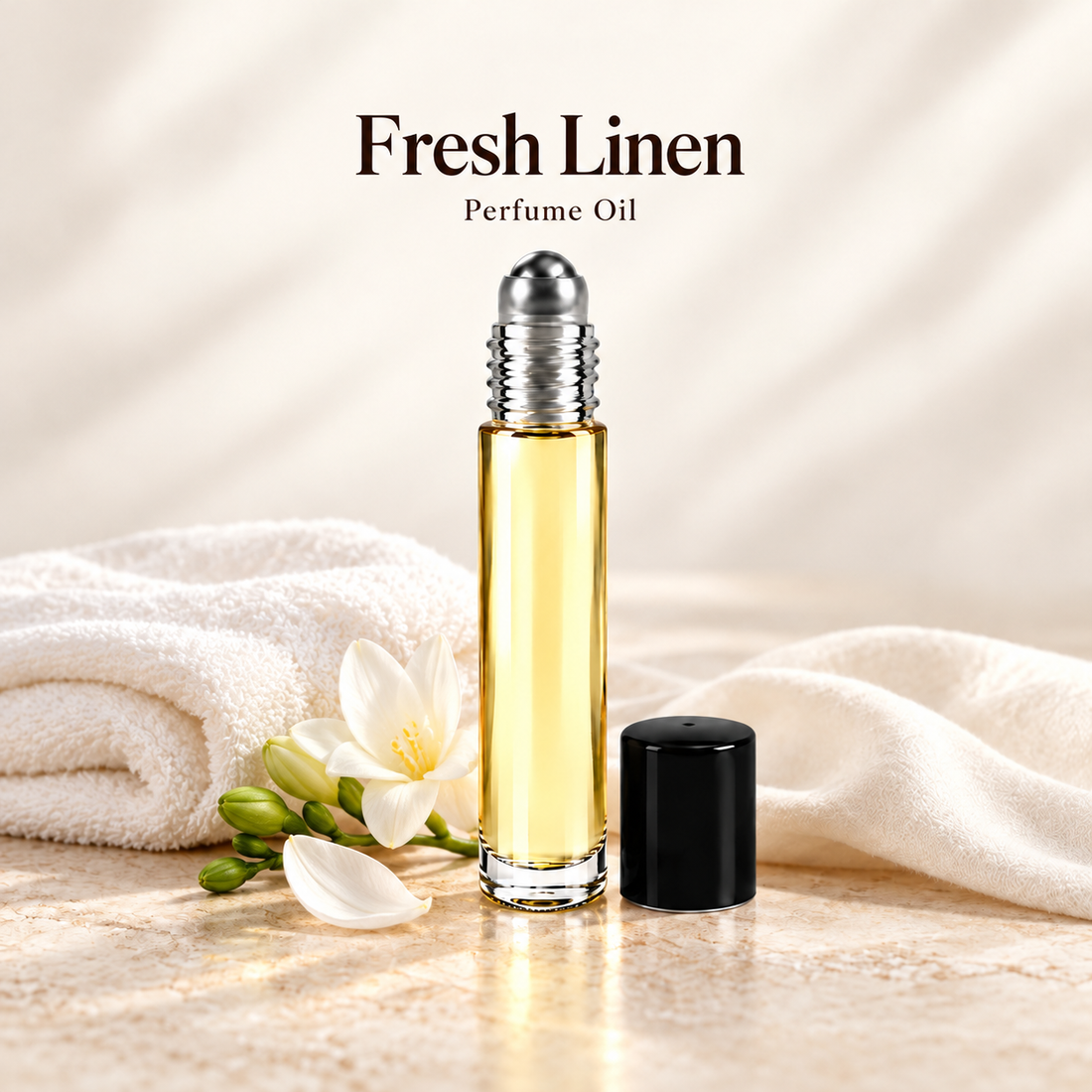 Fresh Linen Perfume Oil with simple scent note accents on soft ivory