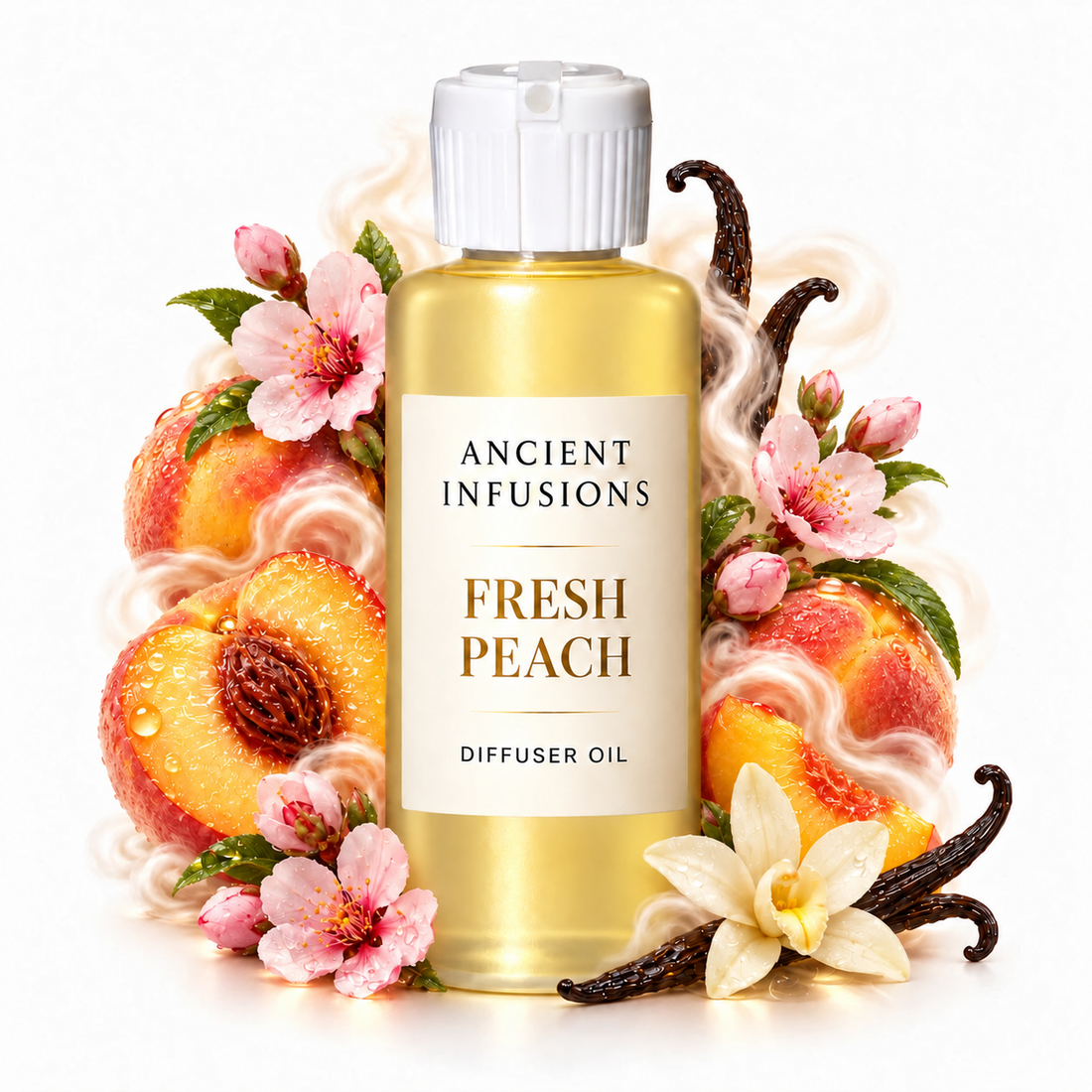 Fresh Peach Diffuser Oil by Ancient Infusions with golden oil, white cap and matching scent artwork