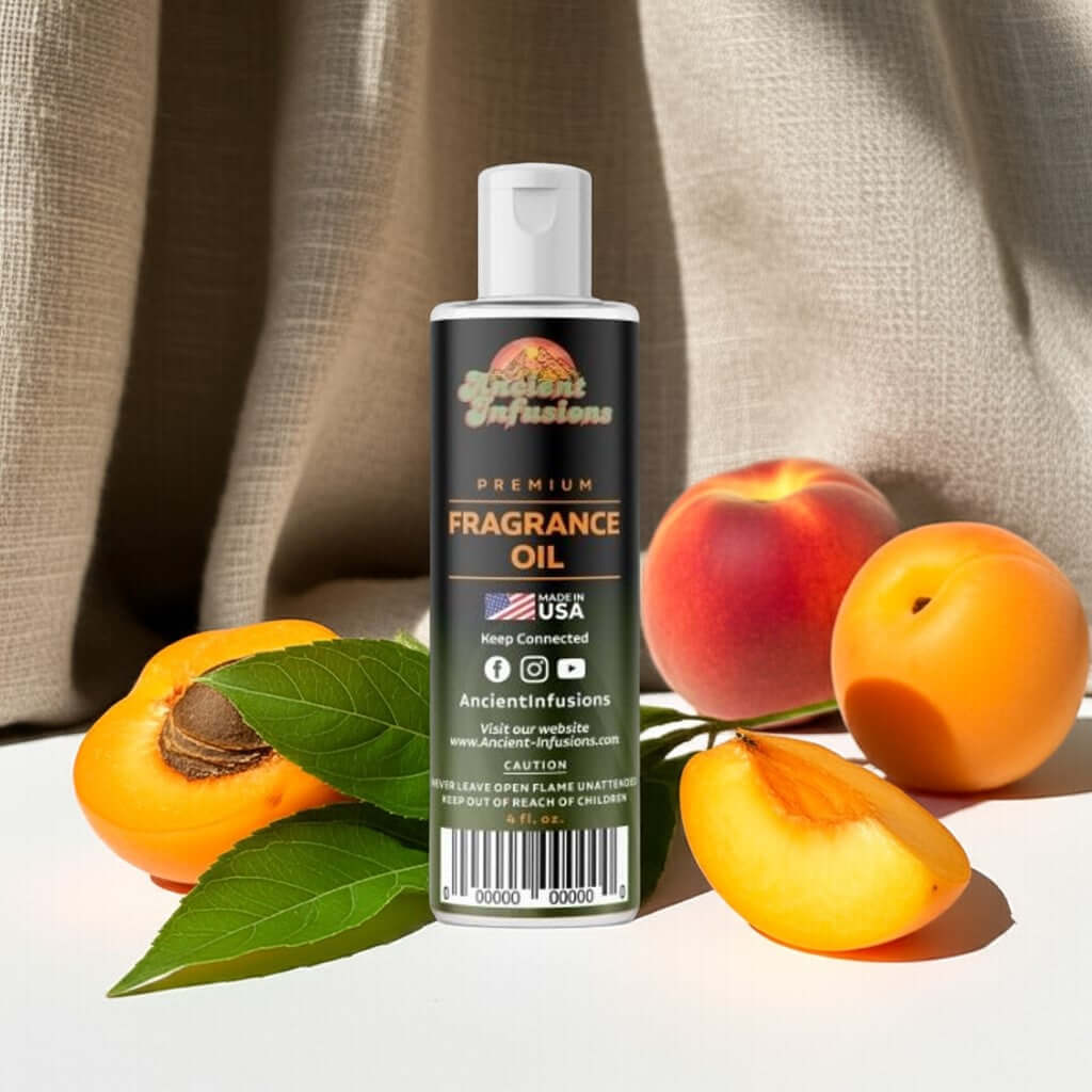 Bottle of Fresh Peach Fragrance Oil with ripe peaches in the background
