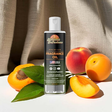 Bottle of Fresh Peach Fragrance Oil with ripe peaches in the background