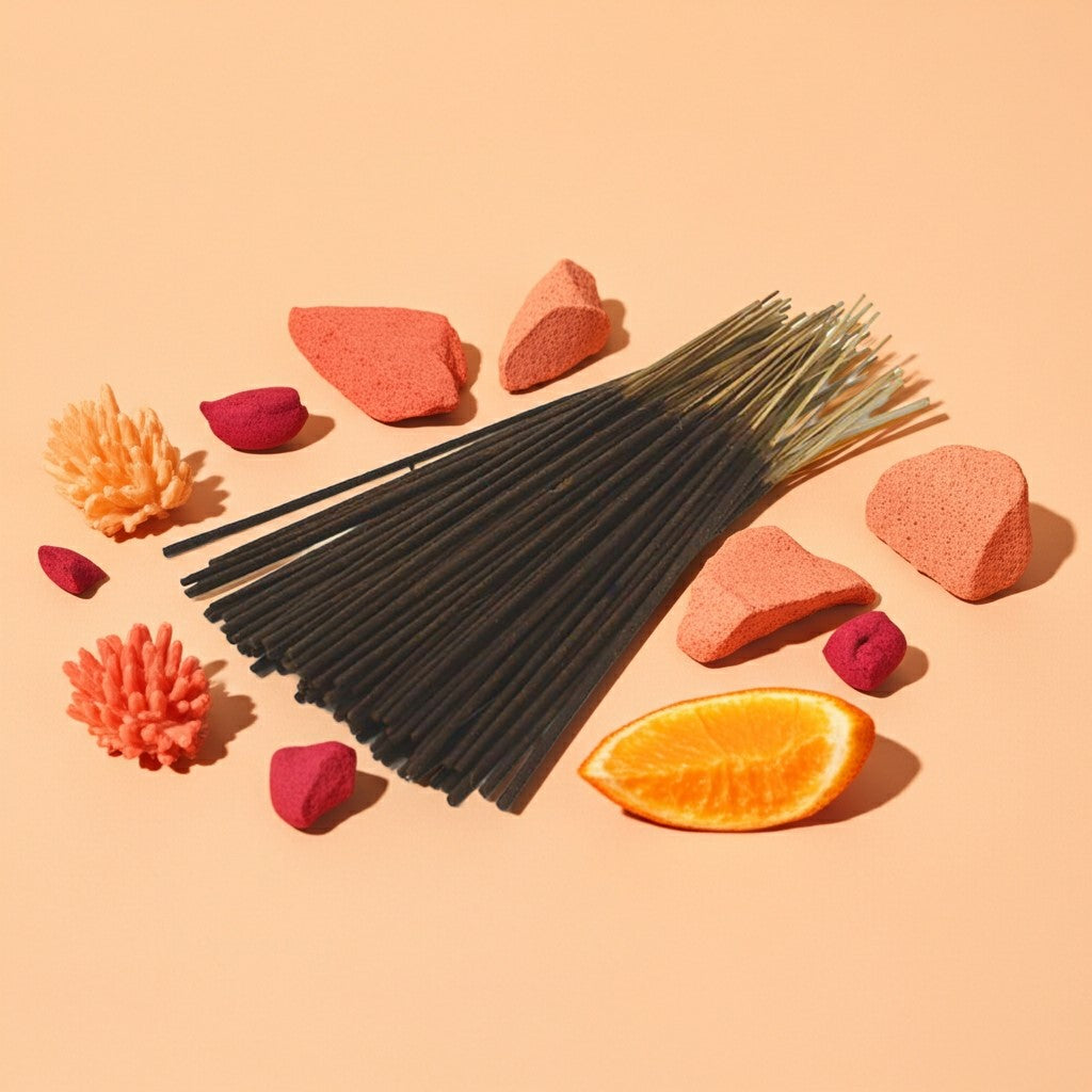 Fresh Peach Incense Sticks with orange slices and decorative stones on a peach background