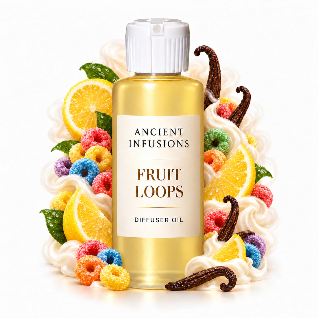 Fruit Loops Diffuser Oil by Ancient Infusions with golden oil, white cap and matching scent artwork