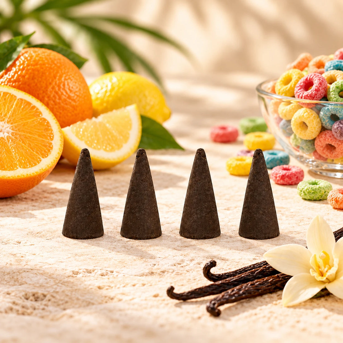Fruit Loops Incense Cones on cream stone.