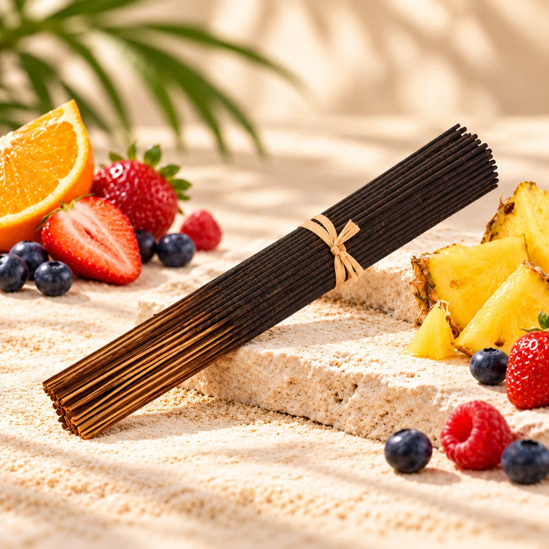Fruit Loops Incense Sticks on cream stone.