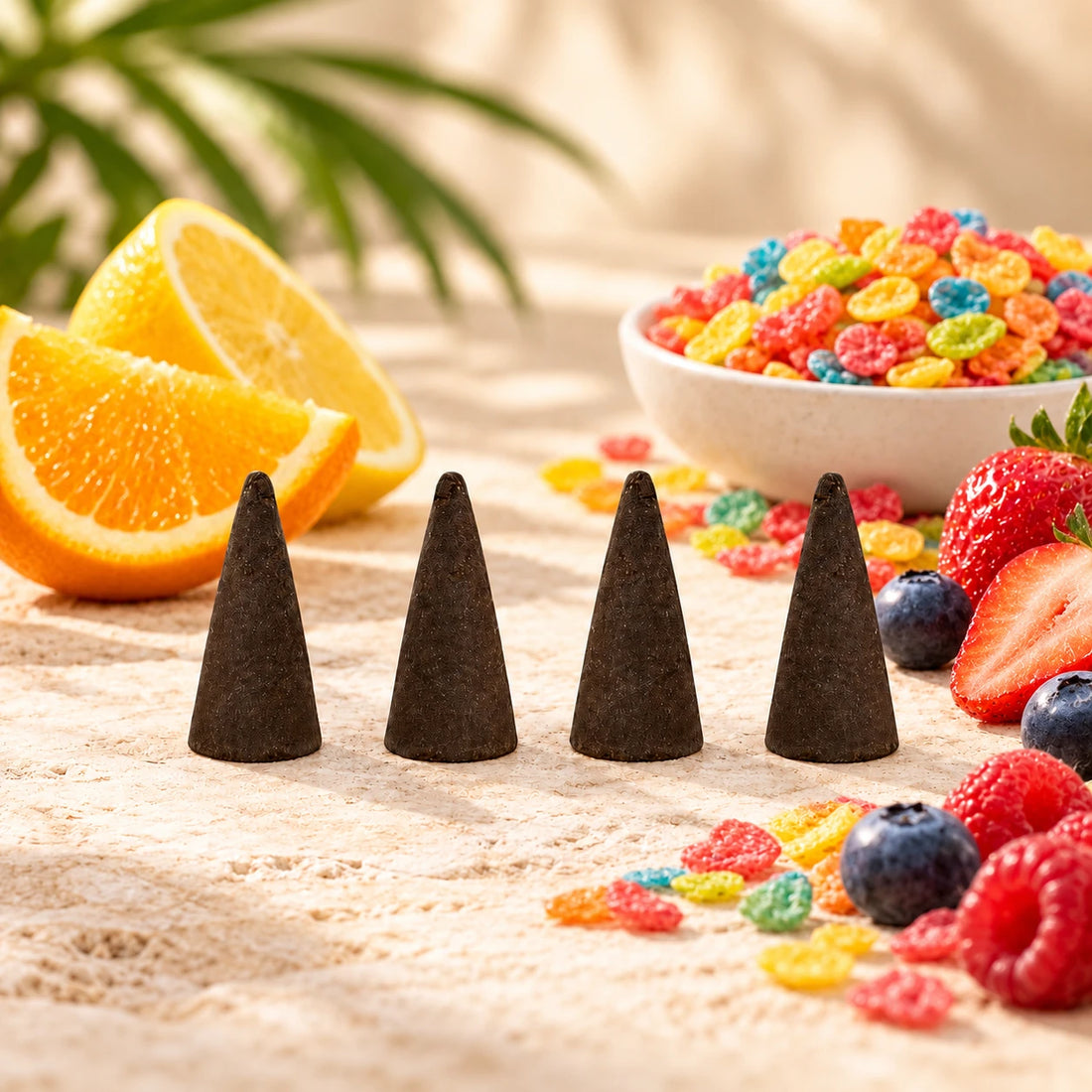Fruity Pebbles Incense Cones on cream stone.