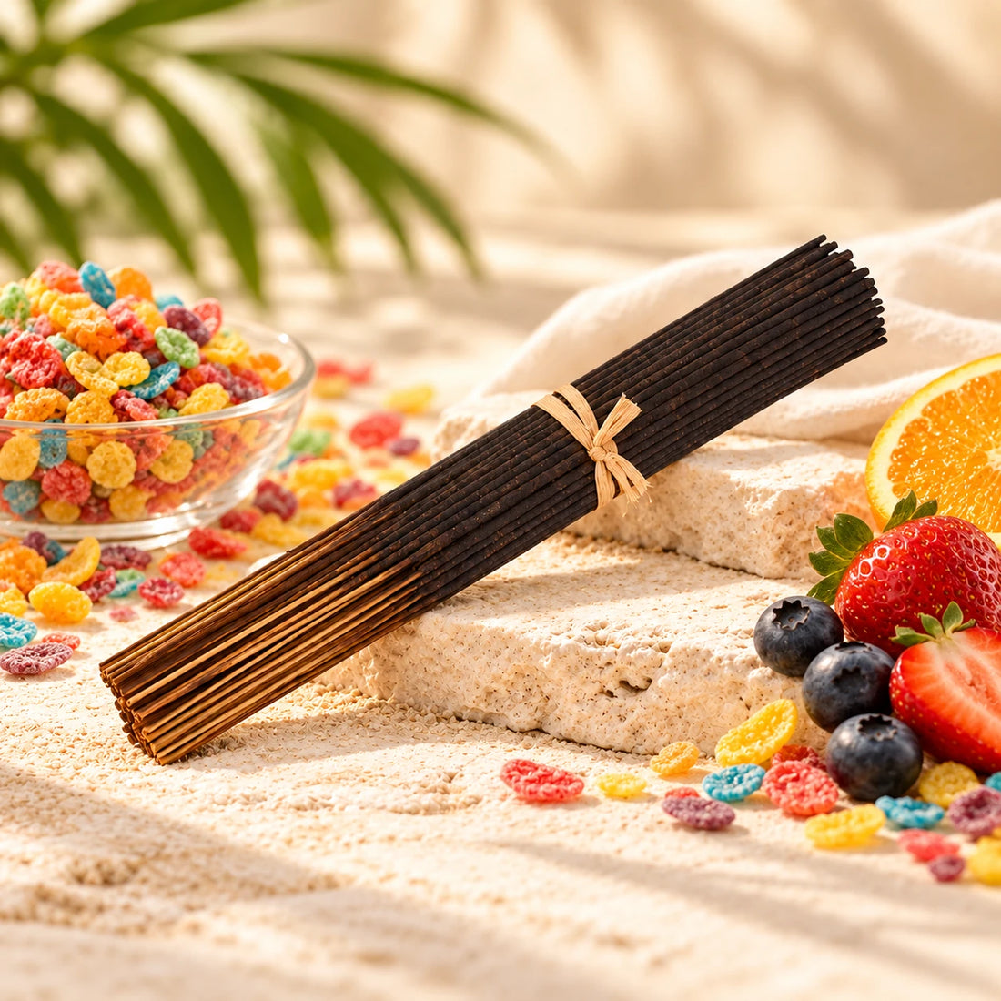 Fruity Pebbles Incense Sticks on cream stone.