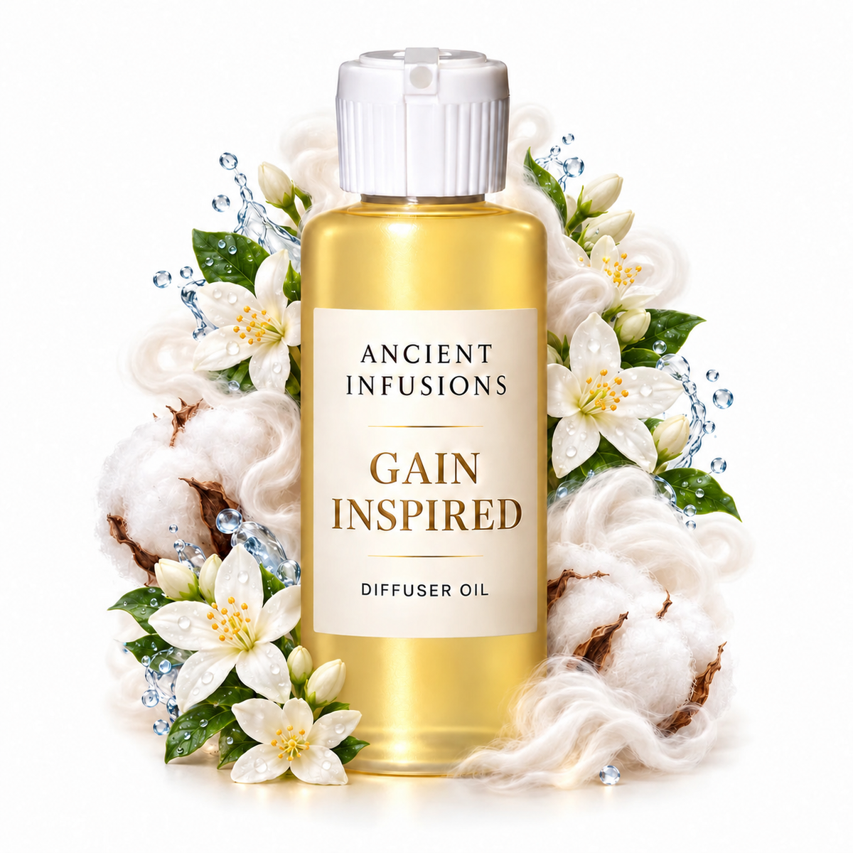 Gain Inspired Diffuser Oil by Ancient Infusions with golden oil, white cap and matching scent artwork