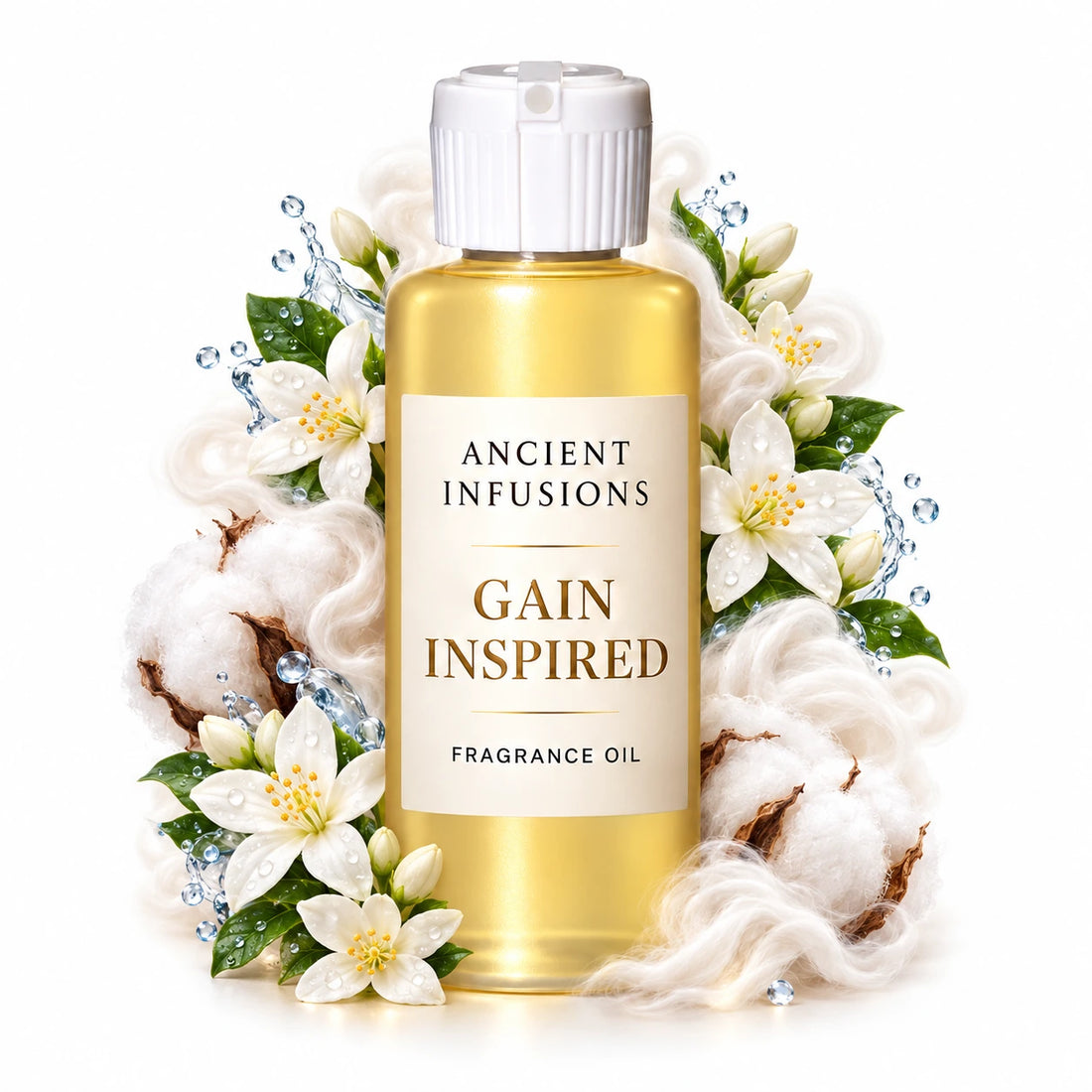 Gain Inspired fragrance oil by Ancient Infusions, with pale yellow oil and a tight halo representing clean cotton, jasmine, soft musk.