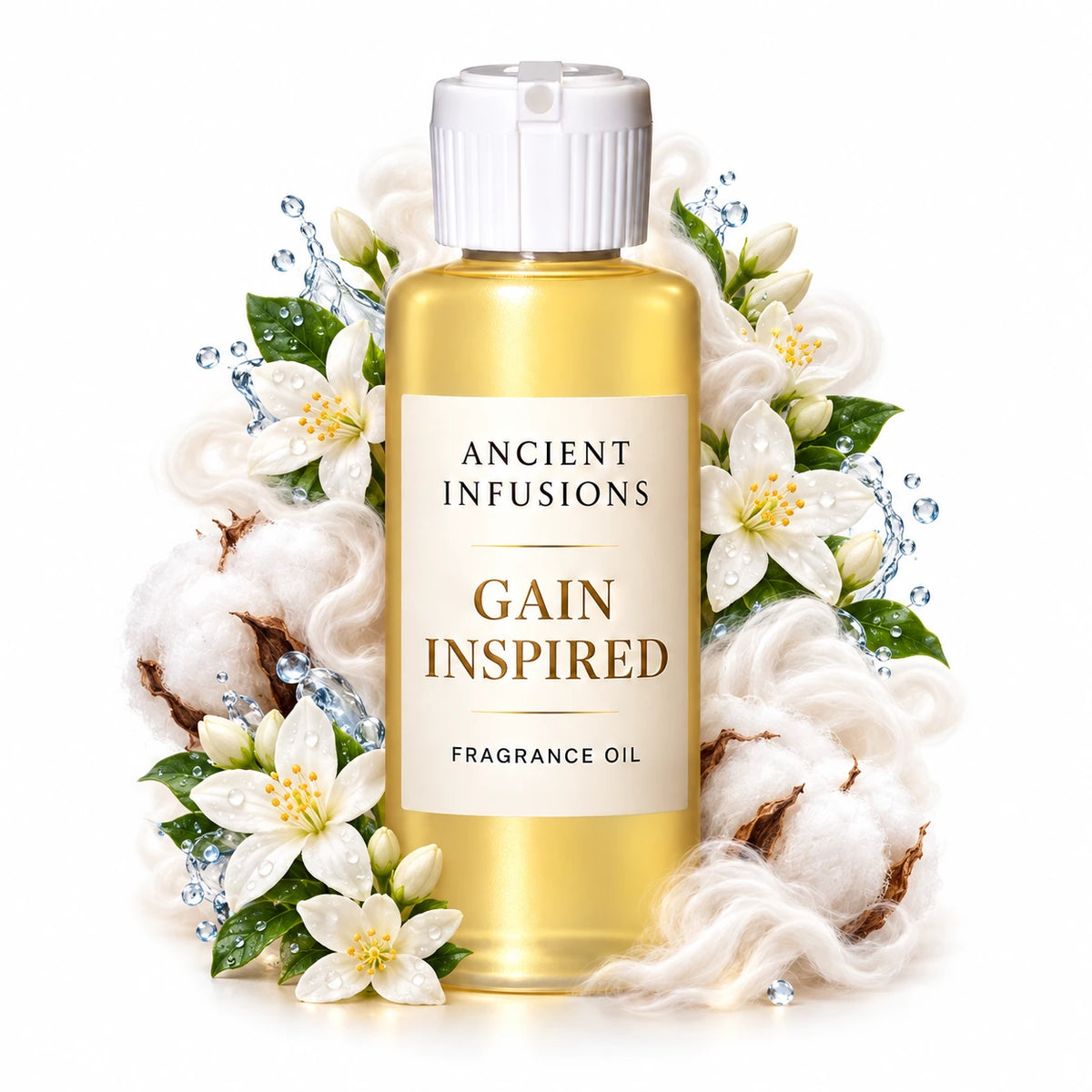 Gain Inspired fragrance oil by Ancient Infusions, with pale yellow oil and a tight halo representing clean cotton, jasmine, soft musk.