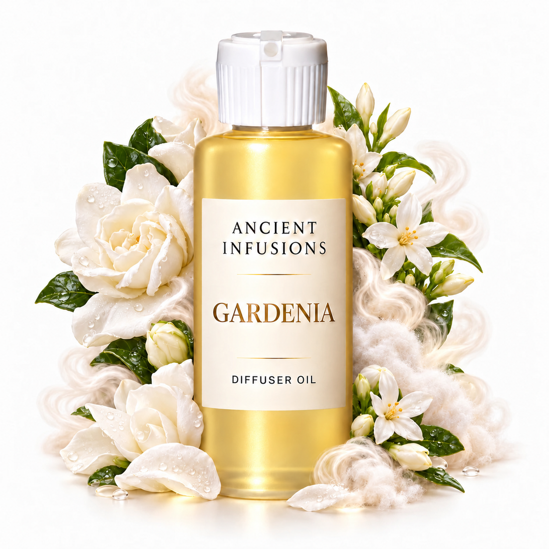 Gardenia Diffuser Oil by Ancient Infusions with golden oil, white cap and matching scent artwork