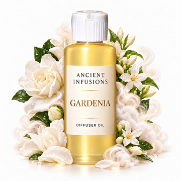Gardenia Diffuser Oil by Ancient Infusions with golden oil, white cap and matching scent artwork