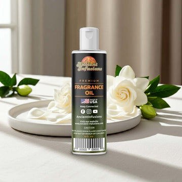 Bottle of Gardenia Fragrance Oil with white gardenias, capturing floral elegance and sensuality.