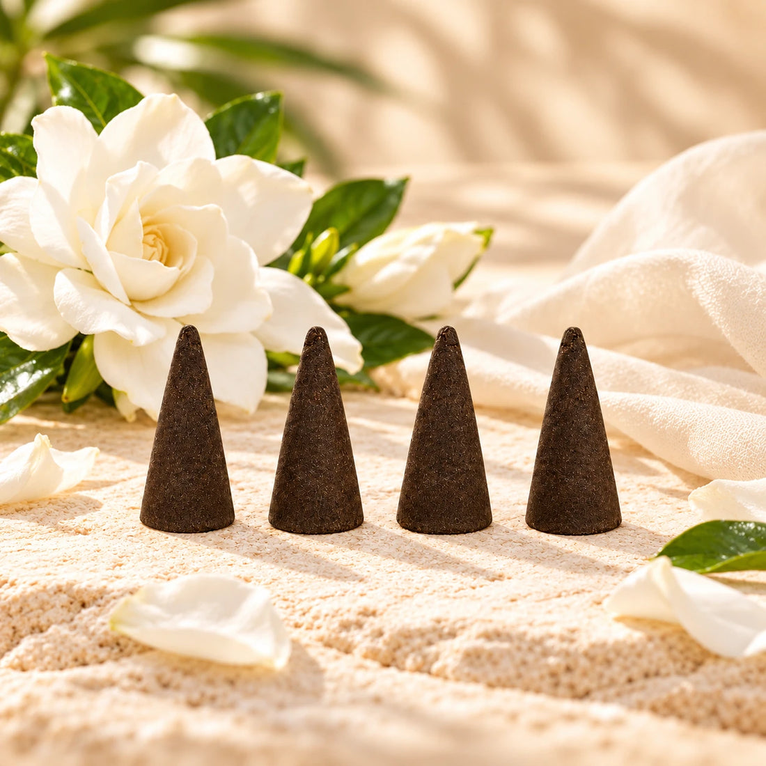Gardenia Incense Cones on cream stone.