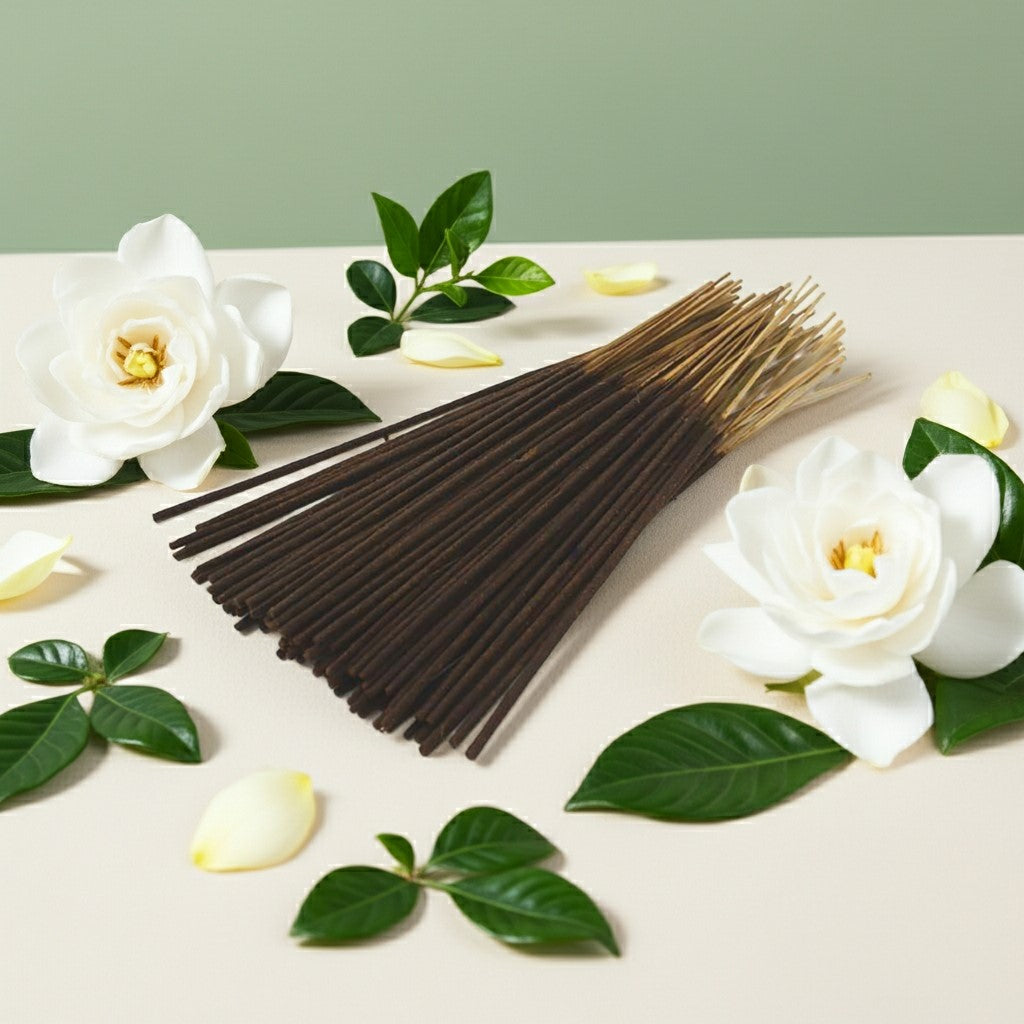 Gardenia Incense Sticks with a red label on a light surface with white flowers and green leaves.