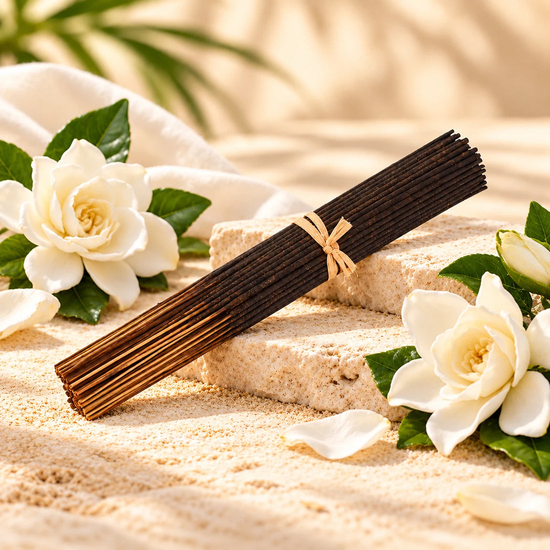 Gardenia Incense Sticks on cream stone.