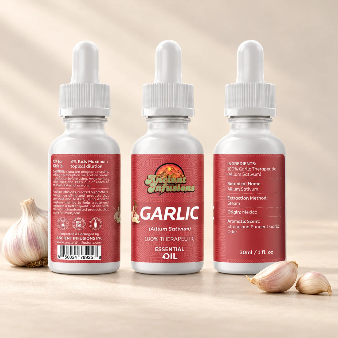 Ancient Infusions Garlic Essential Oil bottle with botanicals on a soft ivory background.