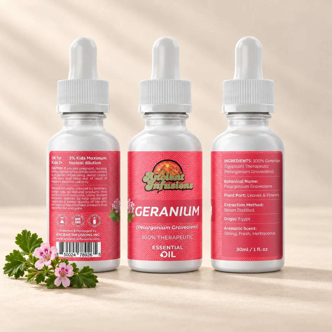 Ancient Infusions Geranium Essential Oil bottle with botanicals on a soft ivory background.