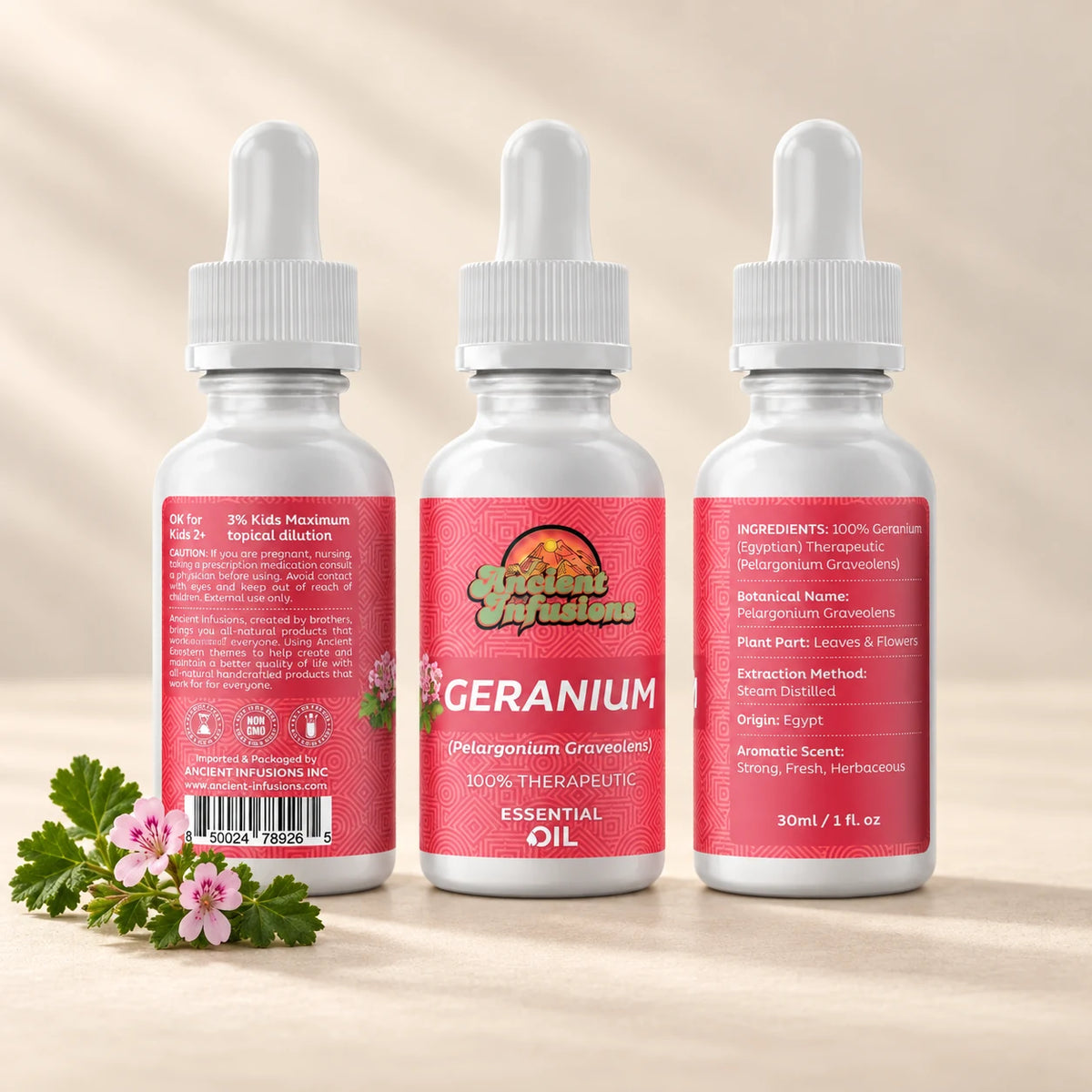 Ancient Infusions Geranium Essential Oil front and side label views on an ivory background.