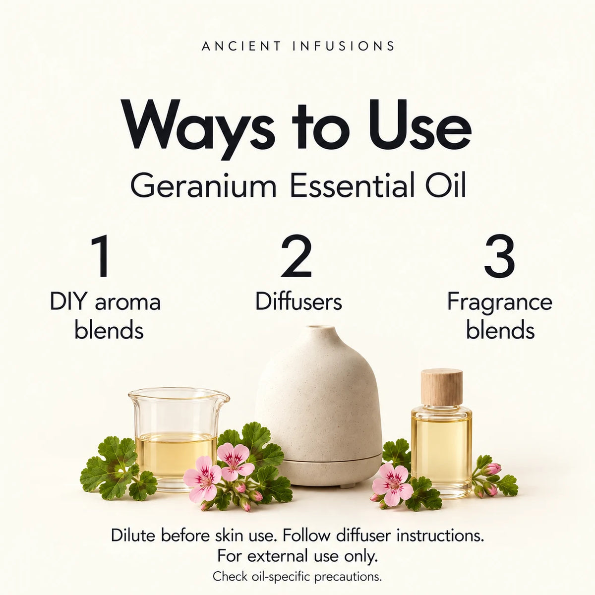 Geranium Essential Oil uses: DIY aroma blends, diffusers and fragrance blends. Dilute before skin use; follow diffuser instructions; check oil-specific precautions.
