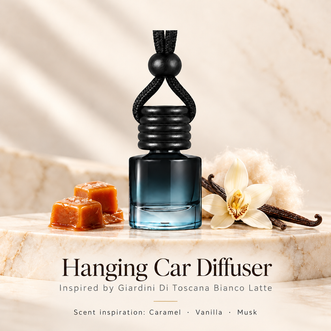 Hanging car diffuser inspired by Giardini Di Toscana Bianco Latte, with scent illustrations on warm ivory stone