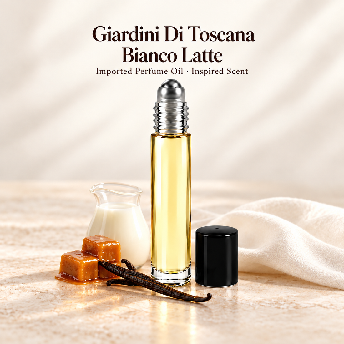 Giardini Di Toscana Bianco Latte Perfume Oil with minimal fragrance note accents on soft ivory