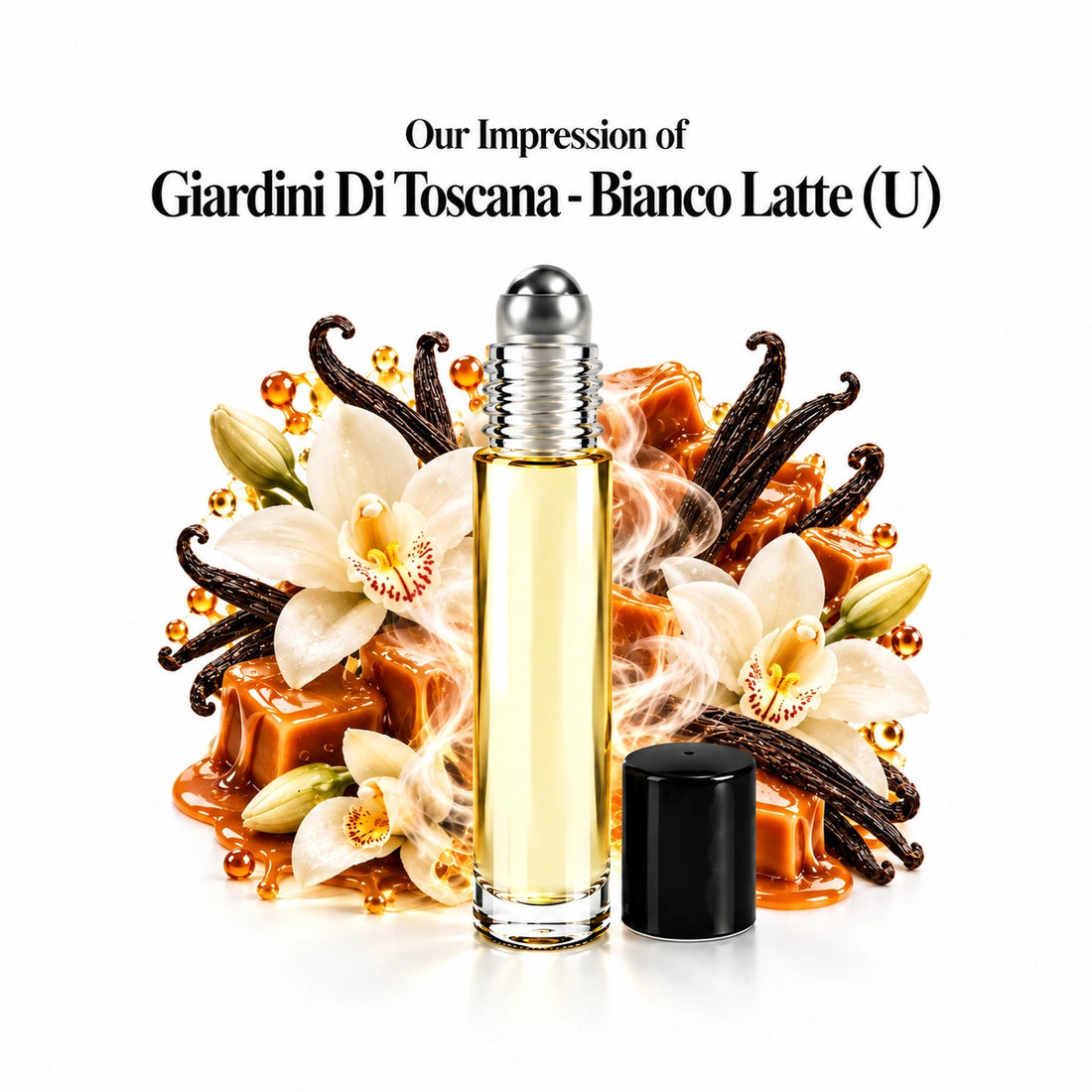 Our impression of Giardini Di Toscana - Bianco Latte Perfume Oil centered roll-on and scent-note halo with generous white spacing.