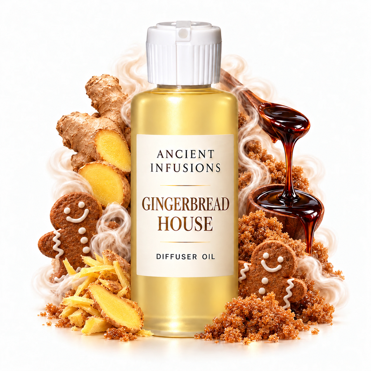 Gingerbread House Diffuser Oil by Ancient Infusions with golden oil, white cap and matching scent artwork