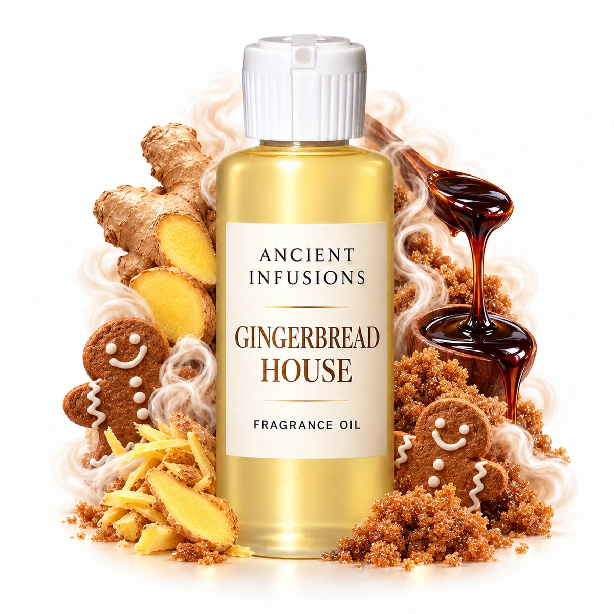 Gingerbread House fragrance oil by Ancient Infusions, with pale yellow oil and a tight halo representing warm ginger, brown sugar, molasses.