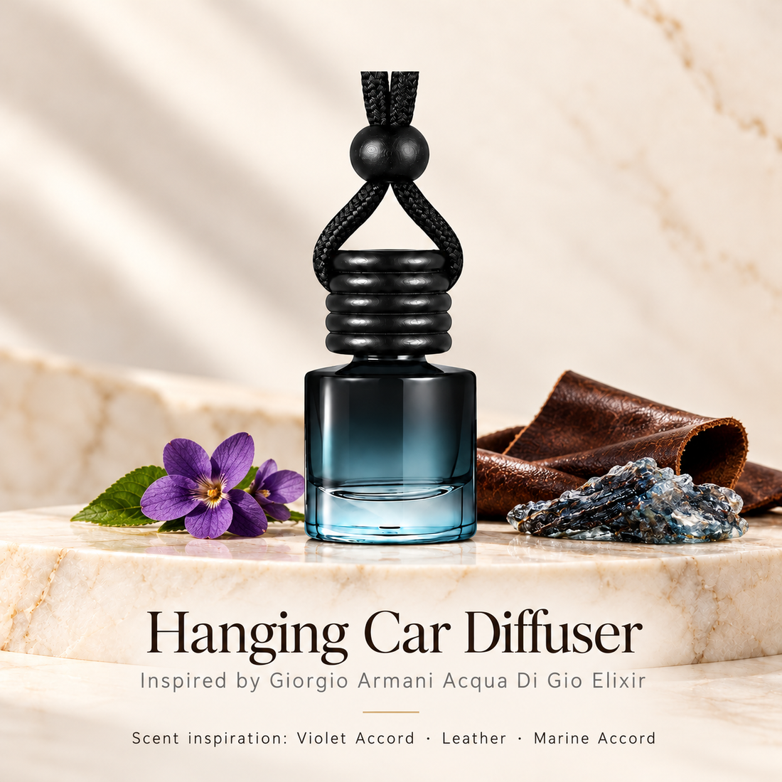 Hanging car diffuser inspired by Giorgio Armani Acqua Di Gio Elixir, with scent illustrations on warm ivory stone